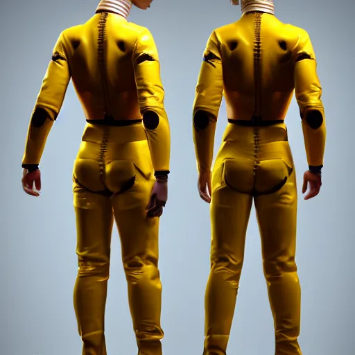 Image similar to « a person wearing yellow hazma suit, in a laboratory, photorealistic, unreal engine 5, full body portrait, back view »