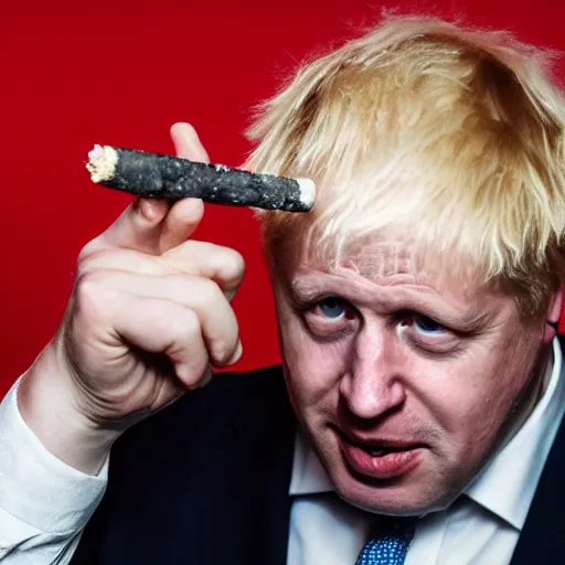 Image similar to medium shot photo of Boris Johnson with a joint with smoke coming out, 4k, ultra HD