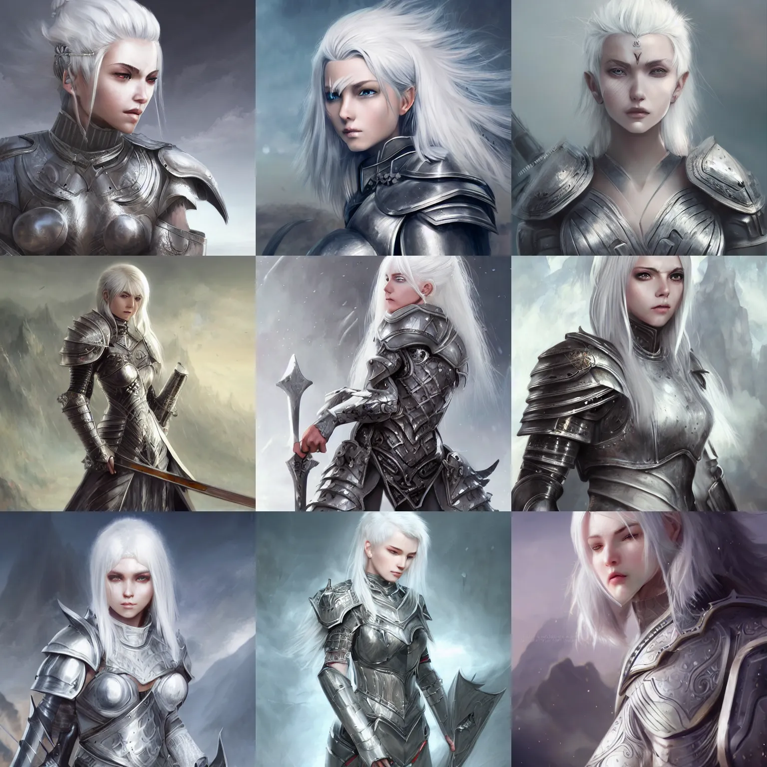 Prompt: fantasy art of beautiful woman warrior in plate armor, full shot, white hair, very realistic, very detailed, cgsociety, anime, matte painting, intricate, by wlop