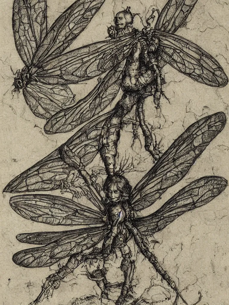 Prompt: annotated detailed sketch drawing of a fairy with dragonfly wings by albrecht durer