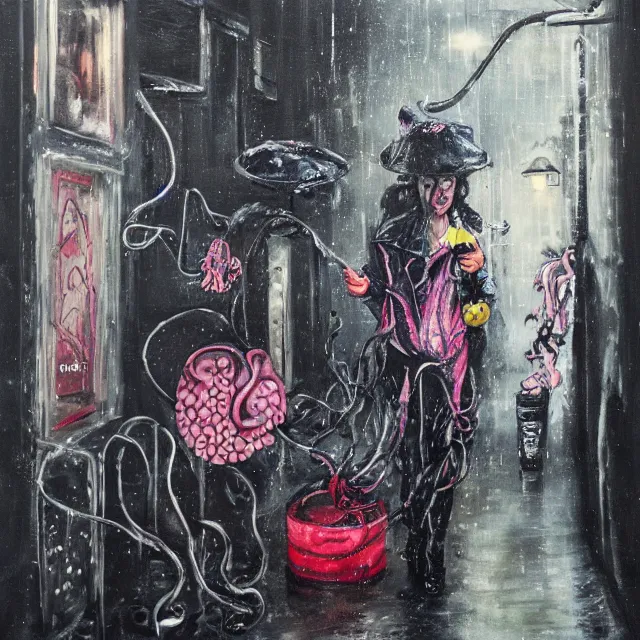 Image similar to a portrait in a dark laneway, a woman holding pancakes, streetlamps, wet, puddles, berries dripping, scientific instruments, ikebana, octopus, neo - expressionism, surrealism, acrylic and spray paint and oilstick on canvas