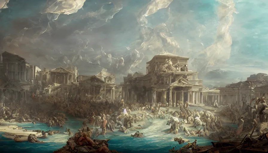 Prompt: baroque painting of athens underwater after a tsunami, hyperdetailed, artstation, cgsociety, 8 k