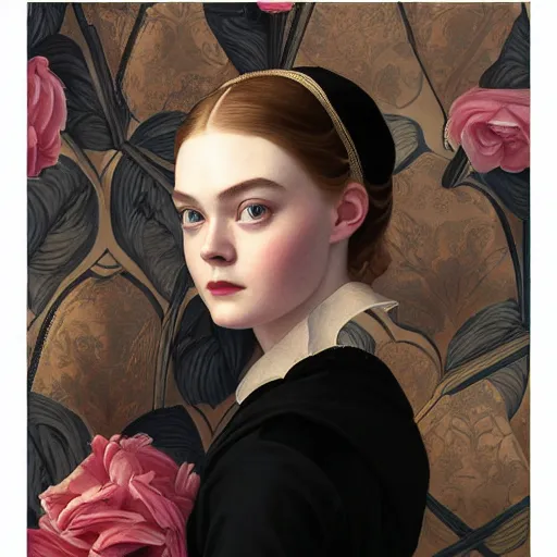 Prompt: a vintage portrait painting of elle fanning in prey wearing a black baclava, highly detailed, art by tristan eaton and artgerm and william - adolphe bouguereau