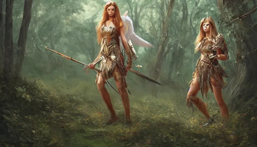 Image similar to A beautiful detailed painting of a female angel warrior on a magical forest path by marc simonteei and Kalin Popov , Trending on artstation HD.