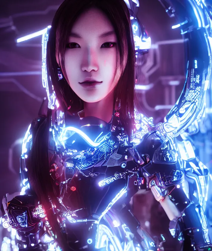 Image similar to japanese model cyborg with digital led skin, neon lighting, techno neon projector background, portrait photo, intricate details, ultra realistic, unreal engine 5, depth of field, bokeh, octane render, 8 k hd