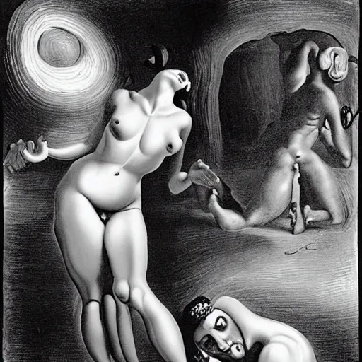 Prompt: seductive goddess whispering to blind man in dark cave, salvador dali style