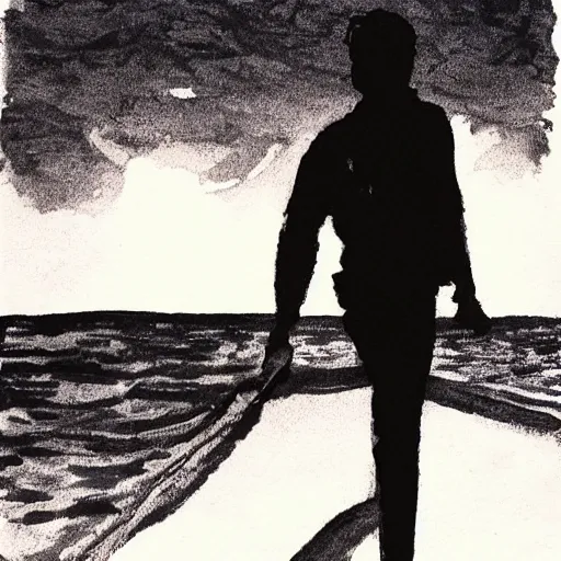 Prompt: ink and brush drawing of oscar isaac walking on the beach smoking, sunset