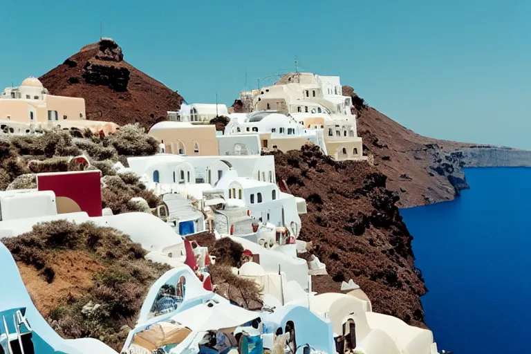 Image similar to spherical island Santorini in space by Wes Anderson in , film, shot on 35 mm