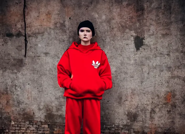 Image similar to 2 0 years old female gopnik in red adidas sport costume, soviet yard, typical russian atmosphere, symmetrical, cinematic, real photography