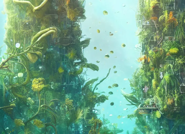 Image similar to overgrown foliage overtaking tall buildings, underwater environment, storefronts, coral, scenery, professional, award - winning, trending on artstation, detailed, realistic, beautiful, emotional, shiny, golden, picture