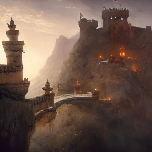 Image similar to prince of persia castle keep on glorious cliff moat with the crescent moon rippling above. Craig Mullins, Dylan Cole, Liang Mark, Darek Zabrocki, Finnian MacManus, Sung Choi, Ruan jia, Albert Bierstadt Greg Rutkowski, Cinematic Keyframe Environmental & Architectural Design Concept Art, Trending on ArtStation