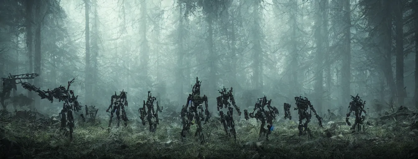 Image similar to image of deep forest with terrific and creepy mechwarriors with volumetric lights, running and hunting people, post - apocalyptic style, high detail, dramatic moment, motion blur, ground fog, dark atmosphere, saturated colors, by james paick, render unreal engine - h 7 0 4