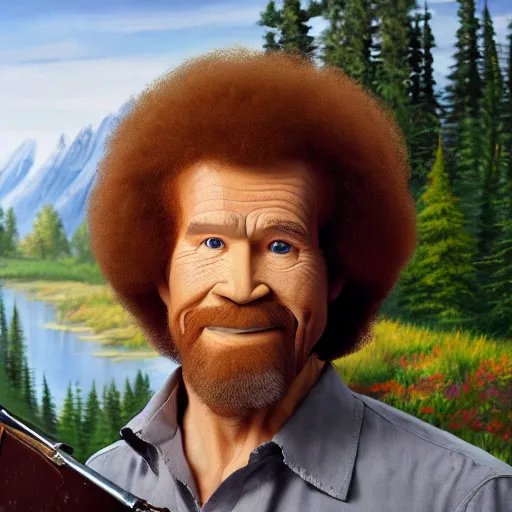 Prompt: a closeup photorealistic photograph of bob ross with a paintbrush, diligently finishing a canvas painting of iron man. mountains and trees. film still. brightly lit scene. this 4 k hd image is trending on artstation, featured on behance, well - rendered, extra crisp, features intricate detail, epic composition and the style of unreal engine.