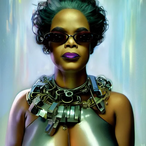 Image similar to cyberpunk fat oprah winfrey head domme mistress, full body, dominatrix, tribal, smooth white tight clothes suit, ornate, very beautiful, concept art, realistic painting, androgynous, afrofuturism, daz 3 d, cinematic, cgsociety, digital art by greg rutkowski, by alphonse mucha,