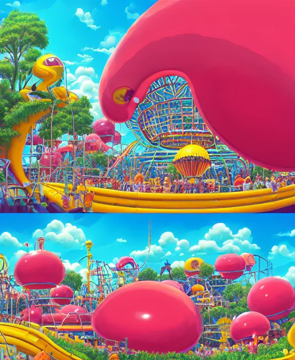 Image similar to a puffy inflated amusement park made out of seamless fat organic creatures, in the style of an aerodynamic blobby obese robot, overgrown with thick orchids, partly cloudy, sun - drenched, dramatic lighting, by dan mumford, yusuke murata, makoto shinkai, ross tran, cinematic, unreal engine, cel shaded, featured on artstation, pixiv