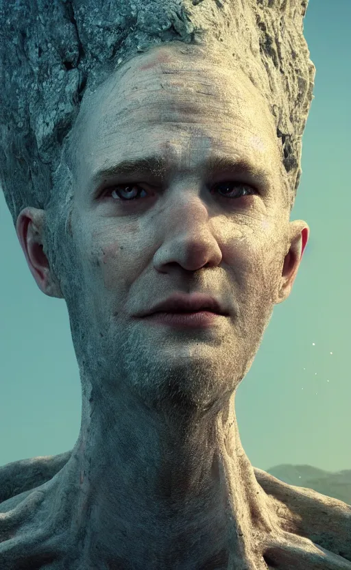 Prompt: extremely detailed cinematic movie still 3 0 7 7 portrait shot of a god of love 2 5 years old white man hyperreal skin face at the mountain top by denis villeneuve, wayne barlowe, simon birch, marc simonetti, philippe druillet, beeple, bright volumetric sunlight from remote star, rich moody colors, closeup, bokeh