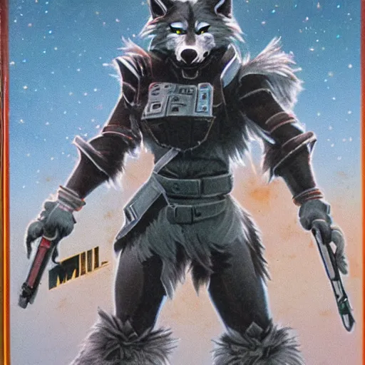 Image similar to 1 9 8 0 s video game art of anthropomorphic wolf o'donnell from starfox fursona furry wolf in a dark space mercenary uniform, looking heroic, magazine scan, 8 0 s game box art, dark grey wolf o'donnell