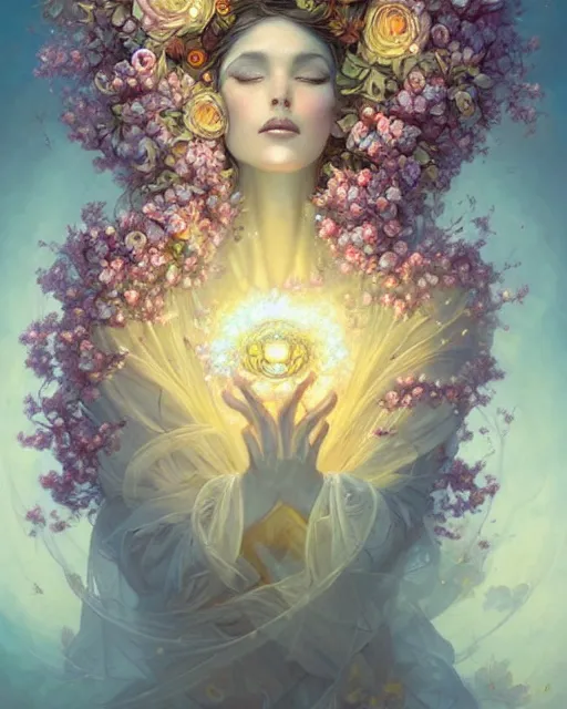Prompt: Beautiful beekeeper woman covered in flowers and bees, radiant halo of light, swirling flowers, flowing silk, peter mohrbacher, artgerm