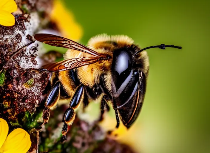 Image similar to super macro of a bee face drinking from a flower in the forest. fantasy magic style. highly detailed 8 k. intricate. nikon d 8 5 0 3 0 0 mm. award winning photography.