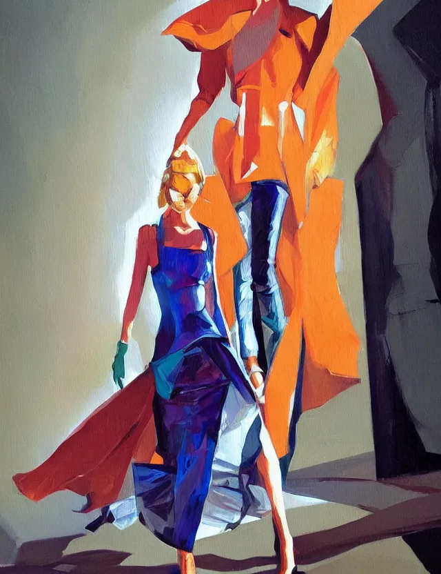 Prompt: runway fashion. this heavily stylized oil painting by the award - winning comic artist has interesting color contrasts, plenty of details and impeccable lighting.