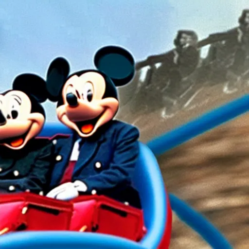 Prompt: benito mussolini and bin laden enjoying a ride on a rollercoaster wearing mickey mouse ear, gopro photo