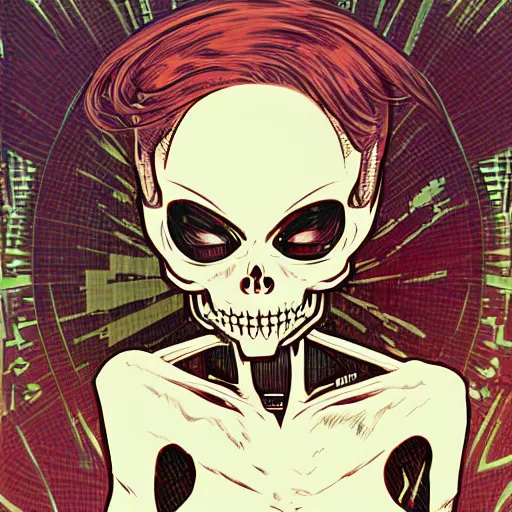 Image similar to anime manga skull portrait girl female skeleton astronaut illustration 80s comic art frank miller dirko and alphonse mucha ditko pop art nouveau