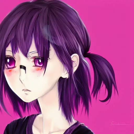 Prompt: anime girl, hourglass slim figure, purple hair and attractive features, cat ears, black tank top, digital painting, highly detailed, sharp focus