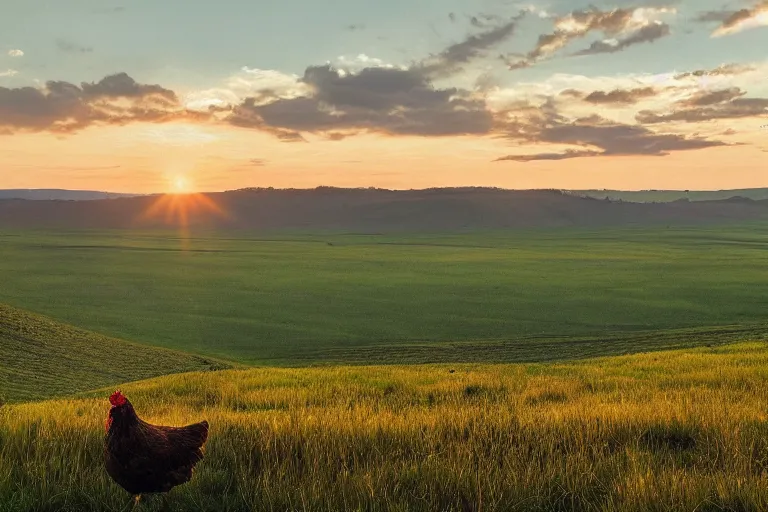 Image similar to a beautiful photograph of a chicken riding a horse through a vast serene landscape, rivers and fields run through the landscape and the sun rises over the hilltops