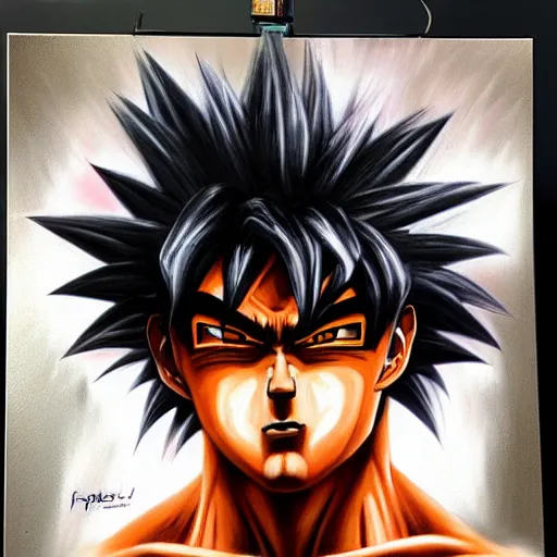 Image similar to detailed portrait of emo goku intricate, hyper detailed, realistic, oil painting, by julie bell, frank frazetta, cinematic lighting