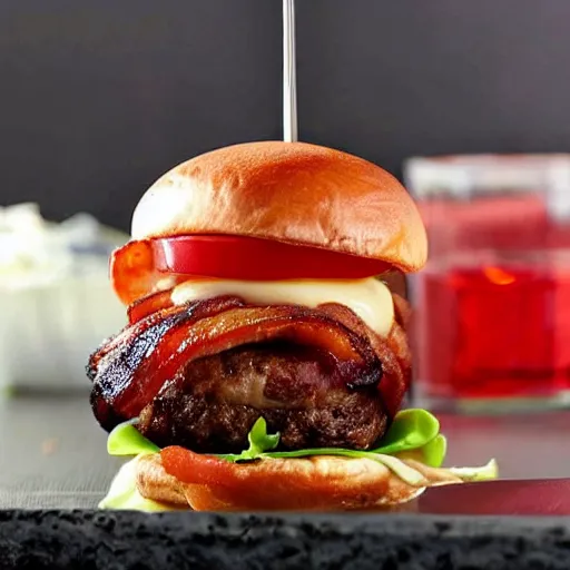 Prompt: bacon wrapped bacon cheeseburger with kevin bacon inside