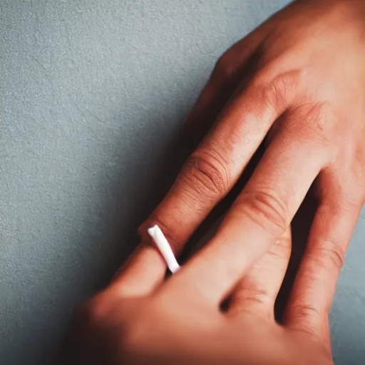 Prompt: Close-up of one hand holding cigarette with smoke, realistic photo, white background