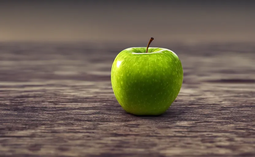 Image similar to a macro photo of a green apple on a wooden table at sunrise, hyperrealistic, some trees in the background, dof, octane render, unreal engine 5, trending on artstation, high quality, highly detailed, 8 k, soft lighting, path traced, beautiful, harmonious, complementary colors, serene scene, bloom, godrays, concept art