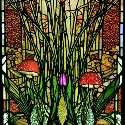 Prompt: beautifully detailed victorian art nouveau stained glass mushroom river reeds duckweeds close up abstract mallard feathers rubber leaves foliage, mucha harry clarke kilian eng