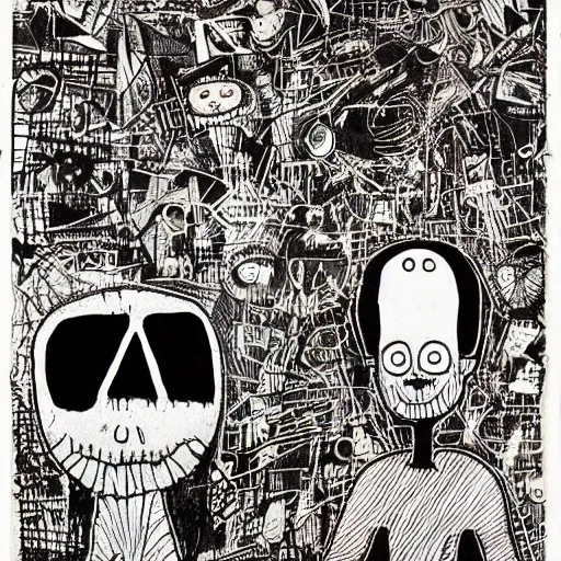 Image similar to Radiohead Amnesiac by Jhonen Vasquez and Basquiat and Hieronymous Bosch and Edward Gorey and Tim Burton, trending on artstation, highly detailed,8k