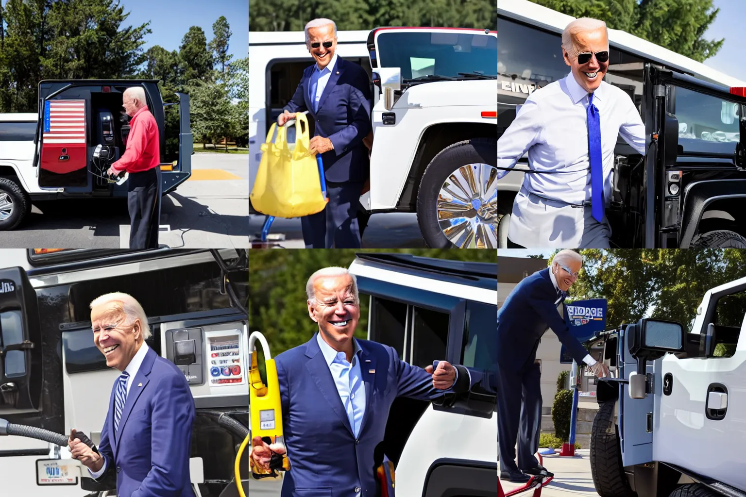 Prompt: joe biden smiling and filling his oversized hummer with gas at the gas station, 4 k, press photo