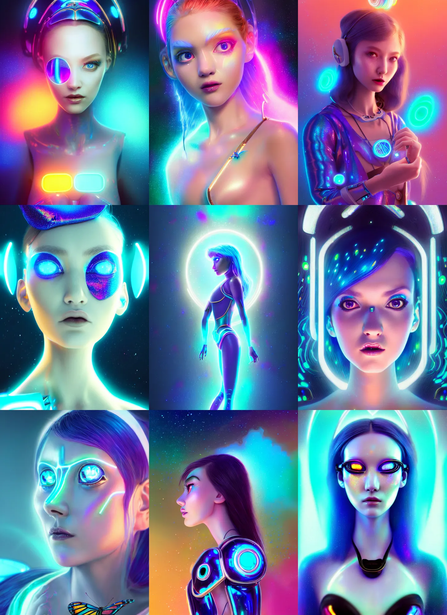 Prompt: pixar 8 k photo, beautiful shiny white porcelain rich galactic iridescent edc tron clowncore cyborg college girl, morpho butterfly raver jewelry, golden ratio, sci fi, fantasy, cyberpunk, intricate, decadent, highly detailed, digital painting, octane render, artstation, concept art, smooth, sharp focus, illustration, art by loish, wlop
