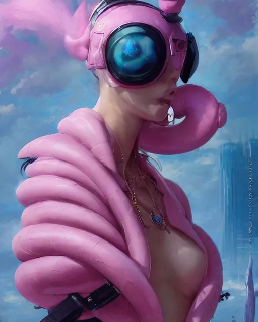 Image similar to beautiful fantasy character portrait, pokemon, wearing oversized puffy pink bomber jacket and black bikini, ultra realistic, wide angle, seductive pose, cyberpunk artifacts, highly detailed by peter mohrbacher, hajime sorayama, wayne barlowe, boris vallejo, aaron horkey, gaston bussiere, craig mullins