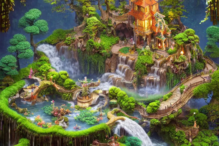 Prompt: isometric view of a fantastical garden with waterfalls and giant trees, by Andrei Riabovitchev, Shaun Tan, Peter Mohrbacher and Takayuki Takeya, ancient ornate intricate, cinematic, realistic, intricate detail, finely detailed, small details, extra detail, photorealistic, high resolution, 3D, PBR, path tracing, volumetric lighting, octane render, arnold render, 8k