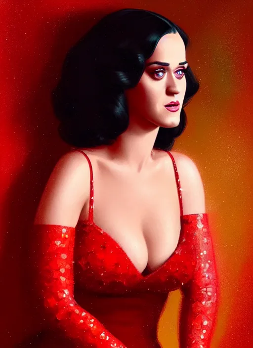 Image similar to portrait of katy perry in a red dress, intricate, elegant, glowing lights, highly detailed, digital painting, artstation, concept art, smooth, sharp focus, illustration, art by wlop, mars ravelo and greg rutkowski, hyper realistic photography