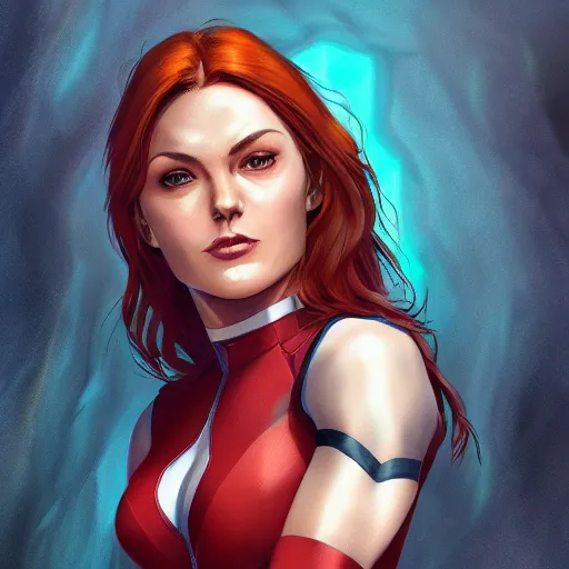 Image similar to jean grey, a half body of jean grey, green eyes, comic, x - men, highly detailed, artstation, symetry, digital painting, vivid colors, realistic shaded perfect face, soft lighting, atmospheric, cinematic, moody, in the style of jim lee, oil on canvas, 8 k