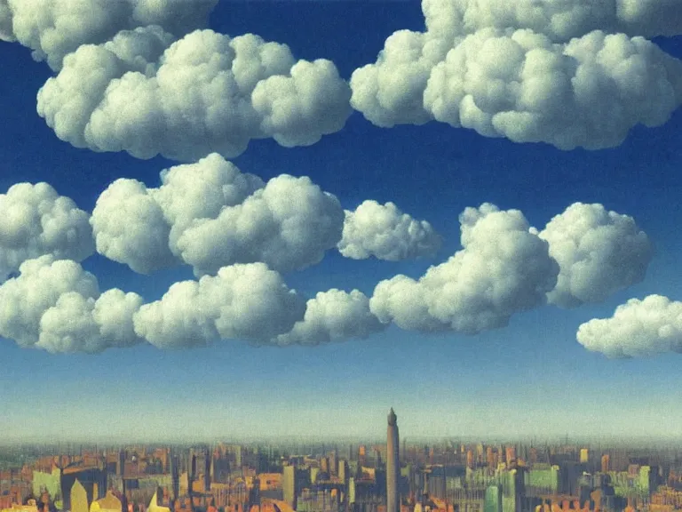 Prompt: city on clouds, painting by rene magritte, centered, high detail, high resolution