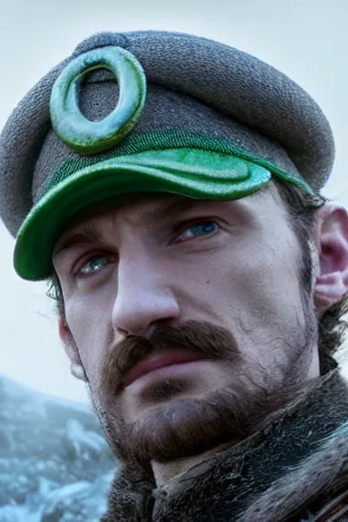 Image similar to very very intricate photorealistic photo of a realistic human version of luigi wearing his hat in an episode of game of thrones, photo is in focus with detailed atmospheric lighting, award - winning details