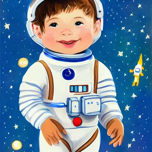 Image similar to a cute little girl with a round cherubic face, blue eyes, and short wavy light brown hair smiles as she floats in space with stars all around her. she is an astronaut, wearing a space suit. beautiful painting with highly detailed face by quentin blake and greg rutkowski