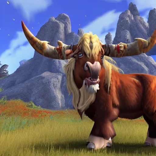 Prompt: a tauren standing in thunder bluff, awe inspiring