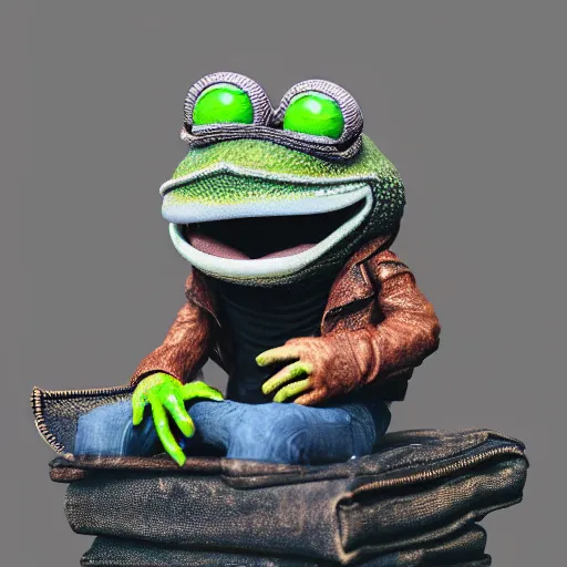 Image similar to perfectly accurate miniature figure of pepe the frog wearing jeans and a black leather jacket, soft textures, skin texture, clothing, 3d sculpture, textured, fine detail, lifelike, photo, high resolution, octane render, post processing, after effects, trending on artstation