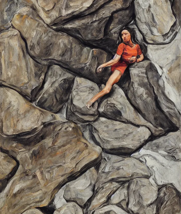 Image similar to indigenous woman climbing rocks, painted by lucian freud, hd, super detailed, realistic, muted colors