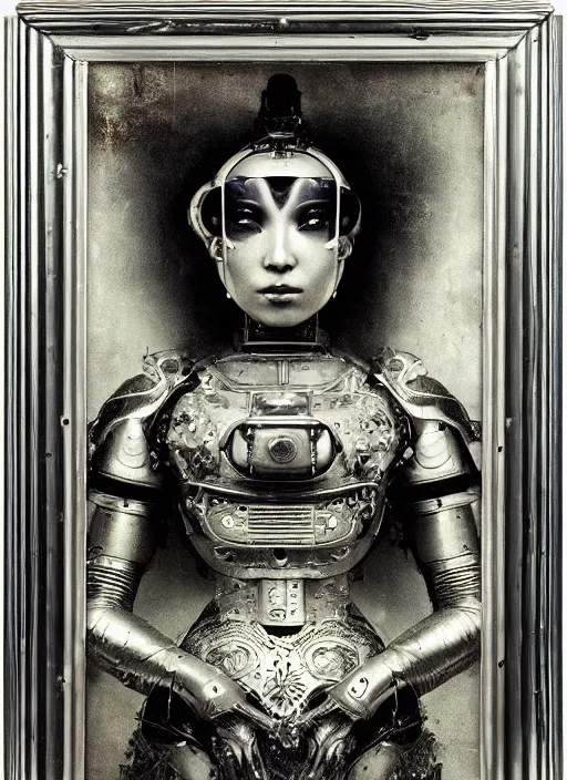 Image similar to old wetplate daguerreotype frame portrait of a futuristic silver armored geisha district 9 cyborg, parallax, fractal, intricate, elegant, highly detailed, subsurface scattering, by jheronimus bosch and greg rutkowski and louis jacques mande daguerre