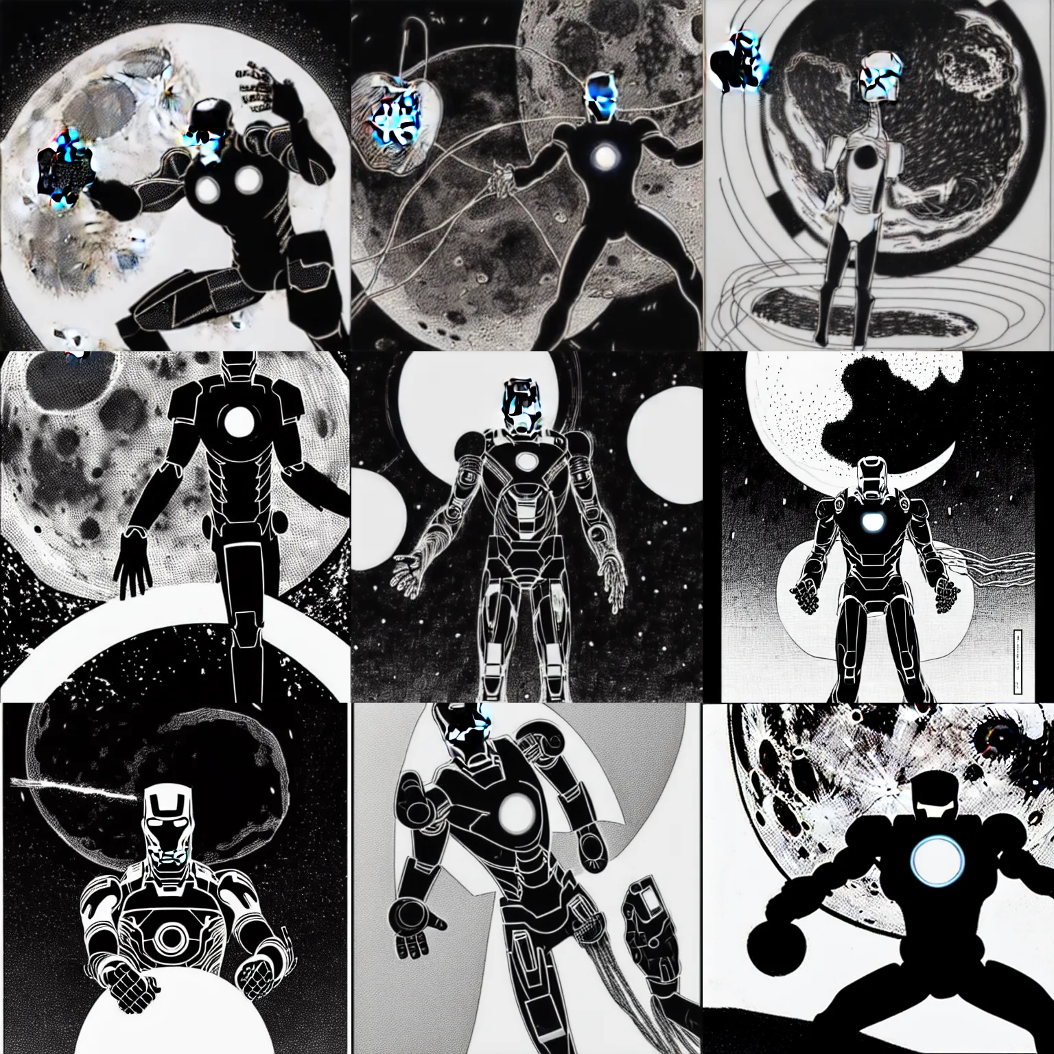 Image similar to black and white sad iron man with wires eats apple on hands on the destroed moon, wires earth background, by tsutomu nihei