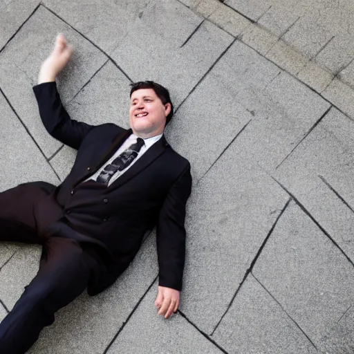 Prompt: A smiling chubby white clean-shaven man dressed in a chocolate brown suit and necktie and black shoes is laying on the ground in New York city.