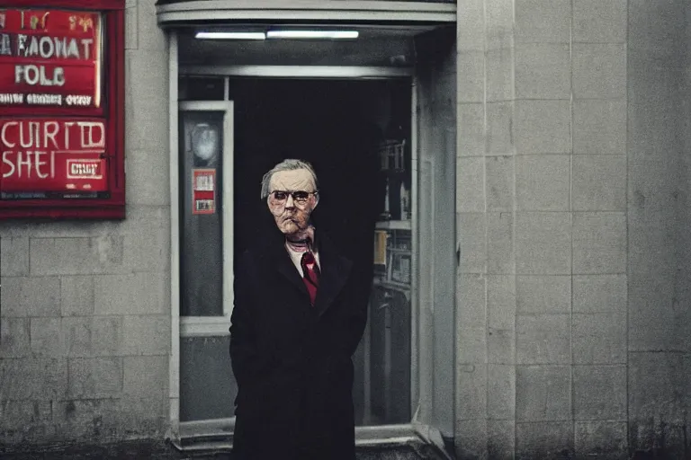 Image similar to an ultra realistic colour cinematic headshot portrait of an evil scientist, stood outside a corner shop, foggy, colour, detailed, deep focus, movie still, dramatic lighting, by fay godwin